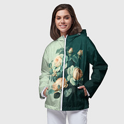 Ветровка с капюшоном женская Розы на зеленом фоне, цвет: 3D-белый — фото 2