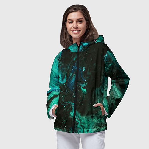 Женская ветровка Черно-зеленые разводы краски / 3D-Черный – фото 3