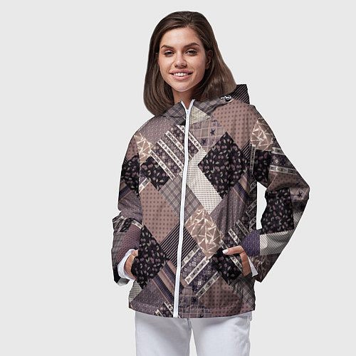 Женская ветровка Коричневый узор в стиле фолк-пэчворк / 3D-Белый – фото 3