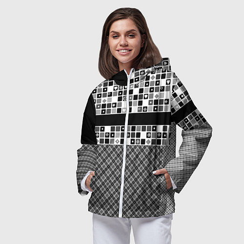 Женская ветровка Черно-белый лоскутный узор-пэчворк / 3D-Белый – фото 3