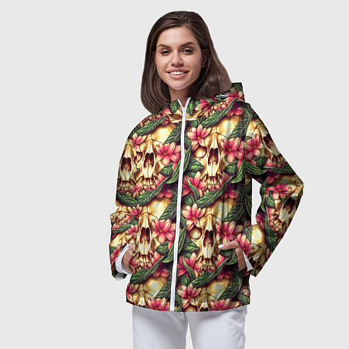 Женская ветровка Черепа среди розовых цветов / 3D-Белый – фото 3