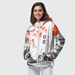 Ветровка с капюшоном женская Цветущая сакура и солнце - Япония, цвет: 3D-белый — фото 2