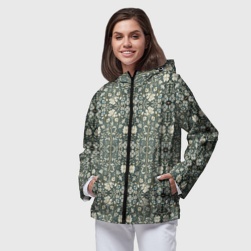 Женская ветровка Белые цветочки на сером фоне / 3D-Черный – фото 3