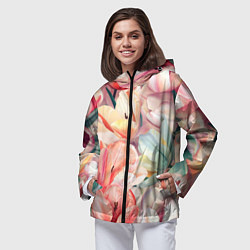 Ветровка с капюшоном женская Разноцветные пастельные тюльпаны - паттерн, цвет: 3D-черный — фото 2