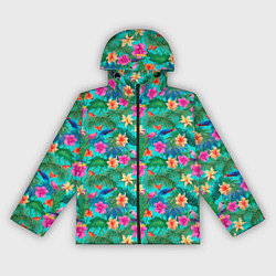 Ветровка с капюшоном женская Разные цветочки на зеленом фоне, цвет: 3D-черный