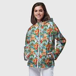 Ветровка с капюшоном женская Гавайские цветы паттерн, цвет: 3D-белый — фото 2