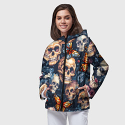 Ветровка с капюшоном женская Пиксельные черепа, цвет: 3D-черный — фото 2