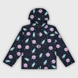 Ветровка с капюшоном женская Ракета и планета, цвет: 3D-черный