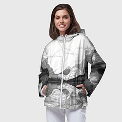 Ветровка с капюшоном женская Минималистичный пейзаж чб, цвет: 3D-белый — фото 2