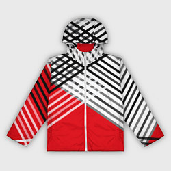 Ветровка с капюшоном женская Косые черно-белые полосы на красном, цвет: 3D-белый