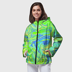 Ветровка с капюшоном женская Неоновая абстракция волны, цвет: 3D-черный — фото 2