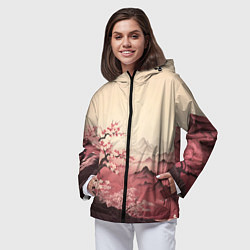 Ветровка с капюшоном женская Сакура в горах, цвет: 3D-черный — фото 2