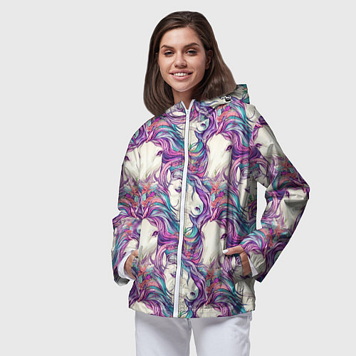 Женская ветровка Морды лошади фиолетовый паттерн / 3D-Белый – фото 3