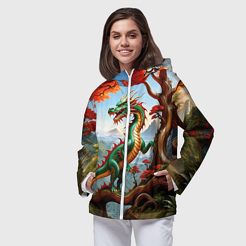 Женская ветровка Зеленый деревянный дракон / 3D-Белый – фото 3