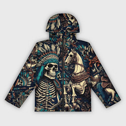 Ветровка с капюшоном женская Татуировка скелета индейца и ковбоя в техасе, цвет: 3D-черный
