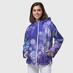 Ветровка с капюшоном женская Крупные снежинки на фиолетовом, цвет: 3D-белый — фото 2