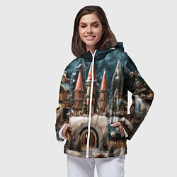 Ветровка с капюшоном женская Деревенские домики зимой, цвет: 3D-белый — фото 2