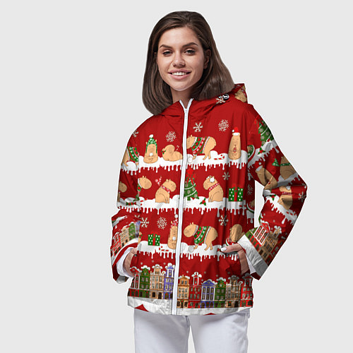 Женская ветровка Капибара с семьей на Новый год / 3D-Белый – фото 3
