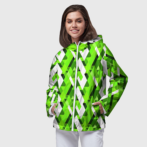 Женская ветровка Зелёные и белые фигуры / 3D-Белый – фото 3