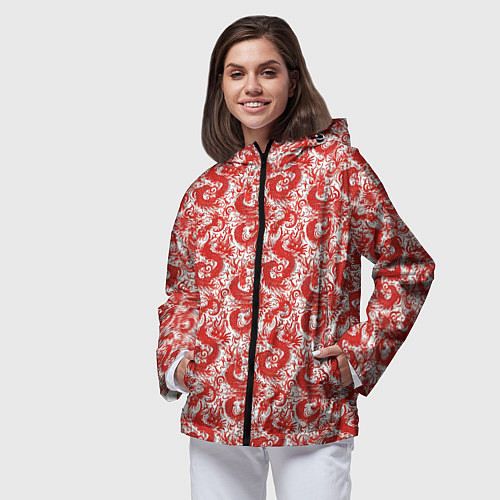 Женская ветровка Красные драконы на белом фоне / 3D-Черный – фото 3