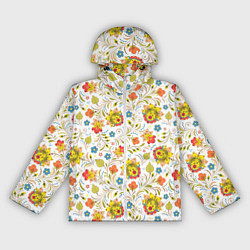 Ветровка с капюшоном женская Хохломская роспись разноцветные цветы на белом фон, цвет: 3D-белый
