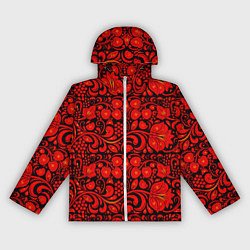 Ветровка с капюшоном женская Хохломская роспись красные цветы и ягоды на чёрном, цвет: 3D-белый