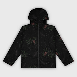 Ветровка с капюшоном женская Ветка елки с шишками на черном фоне, цвет: 3D-черный