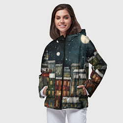 Ветровка с капюшоном женская Новогодний рисованный город, цвет: 3D-черный — фото 2