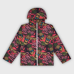 Ветровка с капюшоном женская Черепа из ананасов и розовые фламинго, цвет: 3D-белый
