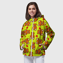 Ветровка с капюшоном женская Плюшевые мишки и сердца на желтом фоне, цвет: 3D-белый — фото 2