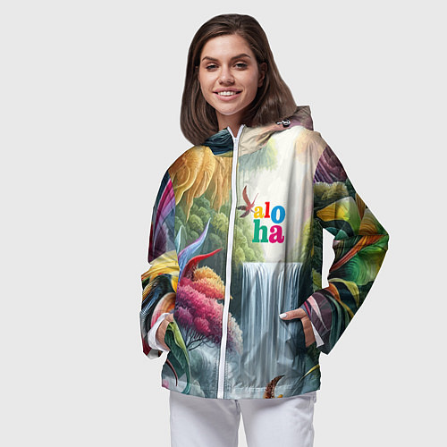 Женская ветровка Водопад в тропическом лесу - алоха / 3D-Белый – фото 3