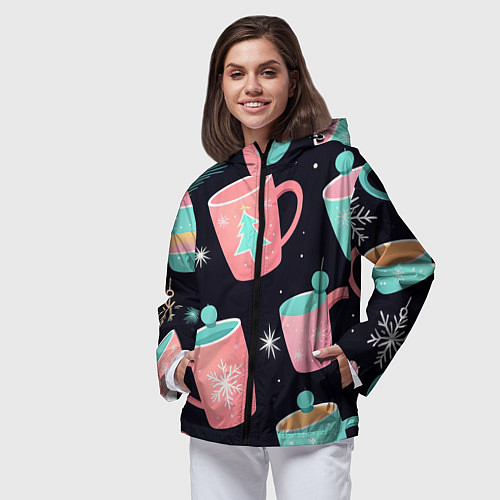 Женская ветровка Паттерн новогодние кружки - нейросеть / 3D-Черный – фото 3
