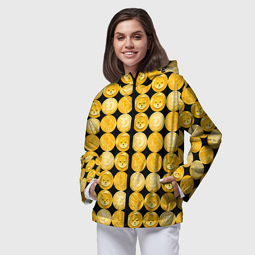 Женская ветровка Золотые монеты Биткоин, Доджкоин, Шиба ину паттерн / 3D-Черный – фото 3