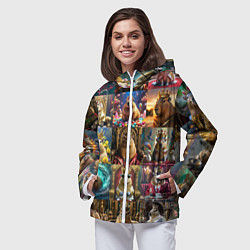 Ветровка с капюшоном женская Коллаж много капибар в короне, цвет: 3D-белый — фото 2