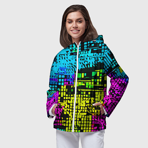Женская ветровка Разноцветный глитч на чёрном фоне / 3D-Белый – фото 3