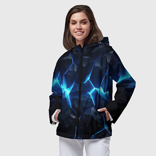 Женская ветровка Синий неоновый разлом черной абстракции / 3D-Черный – фото 3
