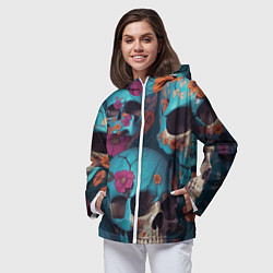 Ветровка с капюшоном женская Черепа с цветами синие, цвет: 3D-белый — фото 2