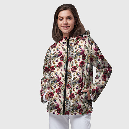 Женская ветровка Цветочный паттерн с павлинами / 3D-Черный – фото 3