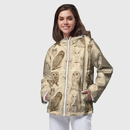 Женская ветровка Эскизы сов тетрадный лист в клетку / 3D-Белый – фото 3