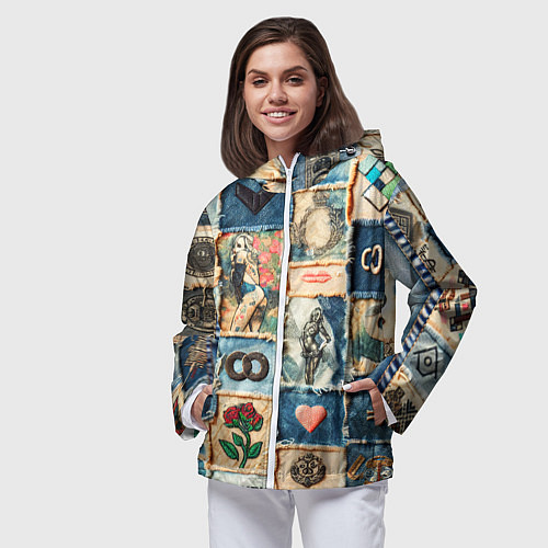 Женская ветровка Баксы и девушки на дениме - пэчворк / 3D-Белый – фото 3