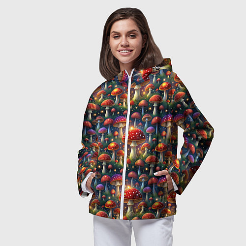 Женская ветровка Красные мухоморы в лесу паттерн / 3D-Белый – фото 3