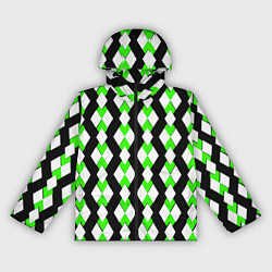 Ветровка с капюшоном женская Зелёные и белые ромбы на чёрном фоне, цвет: 3D-черный