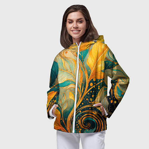 Женская ветровка Золотые и бирюзовые листья абстракция / 3D-Белый – фото 3