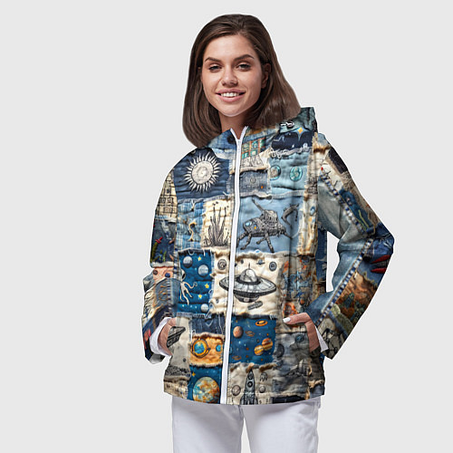 Женская ветровка Джинсовый пэчворк с пришельцами / 3D-Белый – фото 3