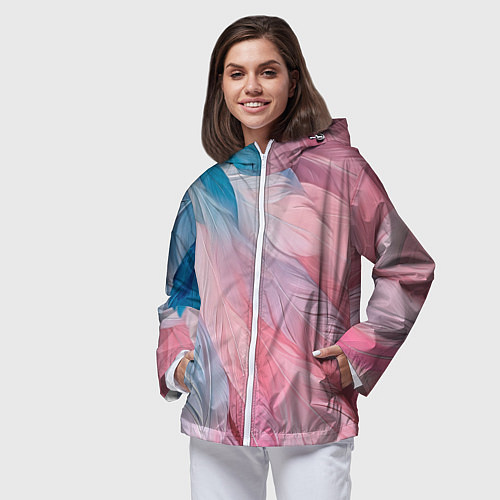 Женская ветровка Пастельно-голубые и розовые перья / 3D-Белый – фото 3
