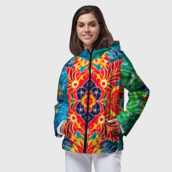 Ветровка с капюшоном женская Традиционный индонезийский цветочный узор в стиле, цвет: 3D-черный — фото 2