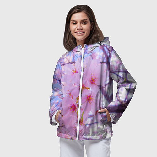 Женская ветровка Цветущая сакура на голубом фоне / 3D-Белый – фото 3