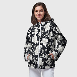 Ветровка с капюшоном женская Патерн белых цветов на черном фоне, цвет: 3D-белый — фото 2