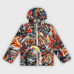 Ветровка с капюшоном женская Японская татуировка дракона тигра и самурая, цвет: 3D-белый