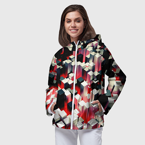 Женская ветровка Черно-белые блоки в красном тумане / 3D-Белый – фото 3